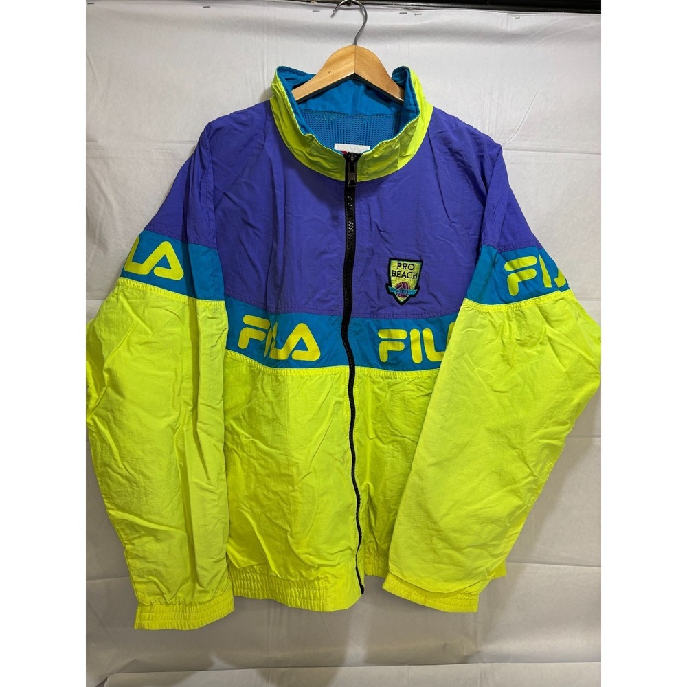Fila Pro Beach Zip Windbreaker Jacket Men's Blue Neon Yellow Vintage Colorblock